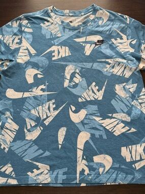 Nike Blue All Over Logo Print T Shirt Mens Large